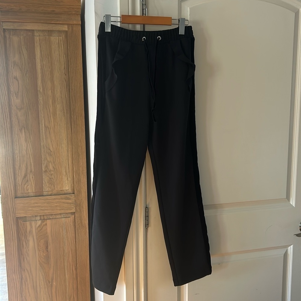 🎀MAJE black drawstring pants with blue crushed velvet stripe ruffle detail small